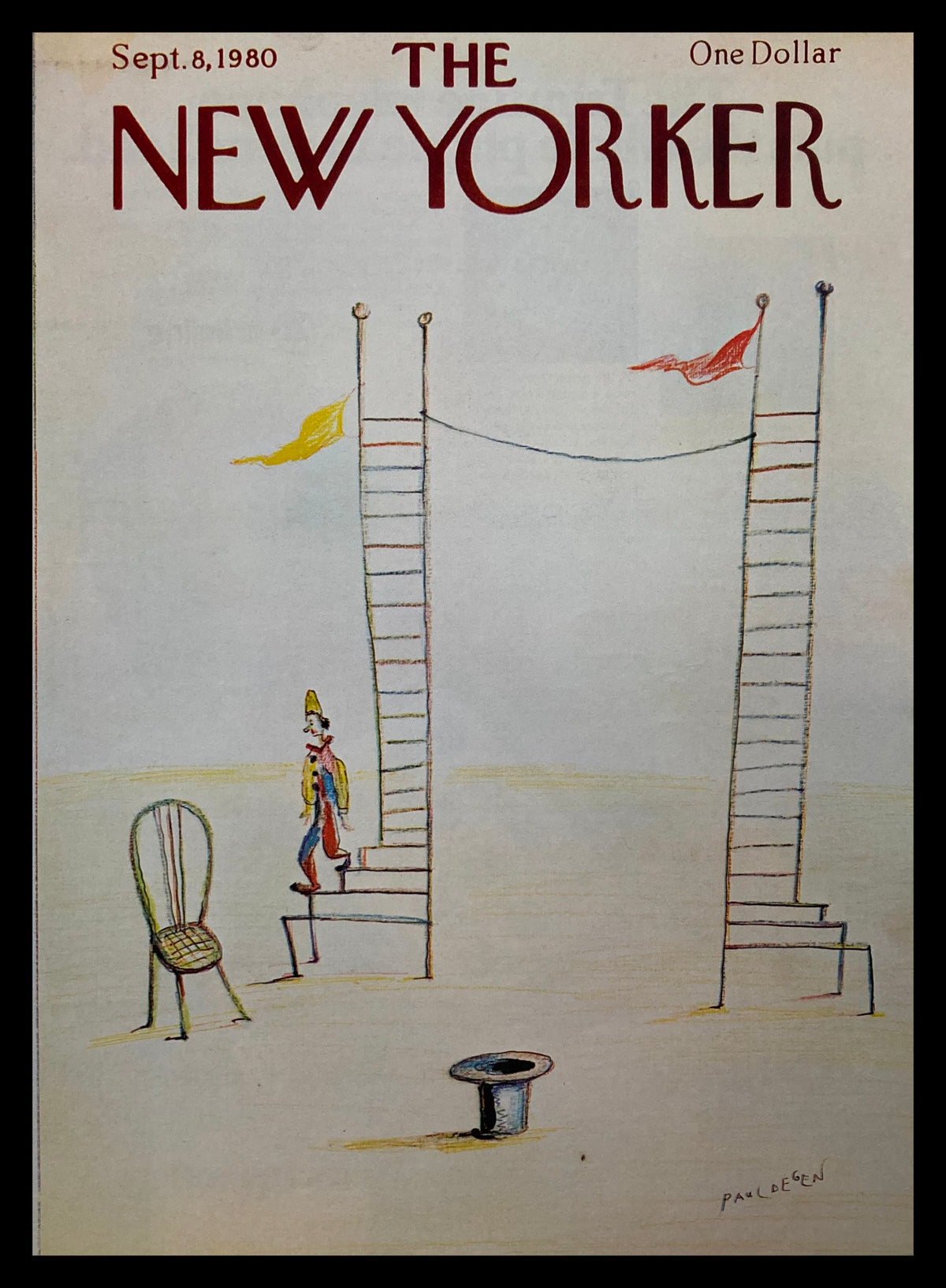 The New Yorker Cover - September 8, 1980 Circus by Paul Degen featuring a whimsical illustration of a clown walking up steps beside flags and a chair.