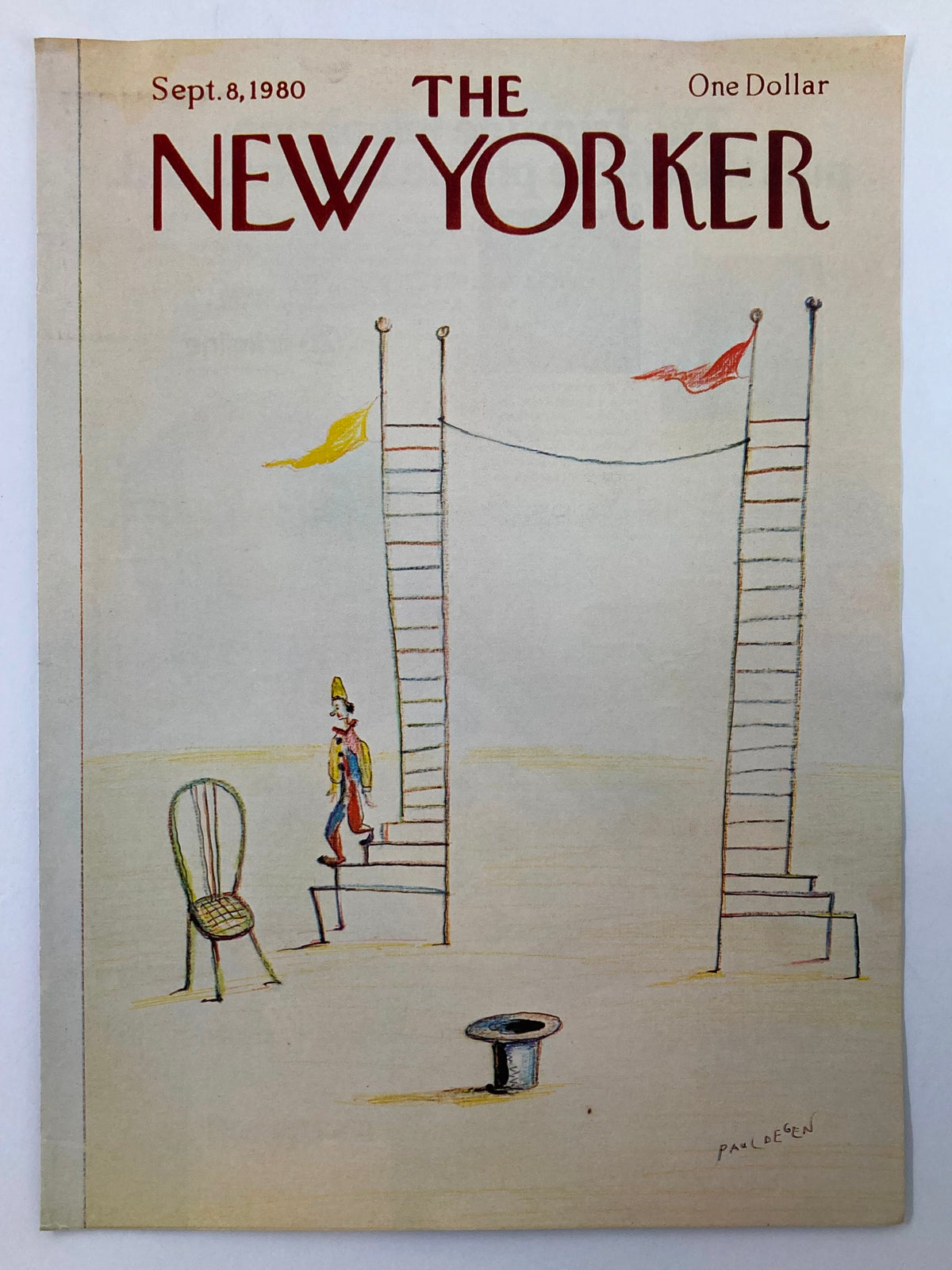 The New Yorker Cover - September 8, 1980 Circus by Paul Degen showcasing a colorful circus theme with a clown, ladders, and a hat, ideal for collectors.
