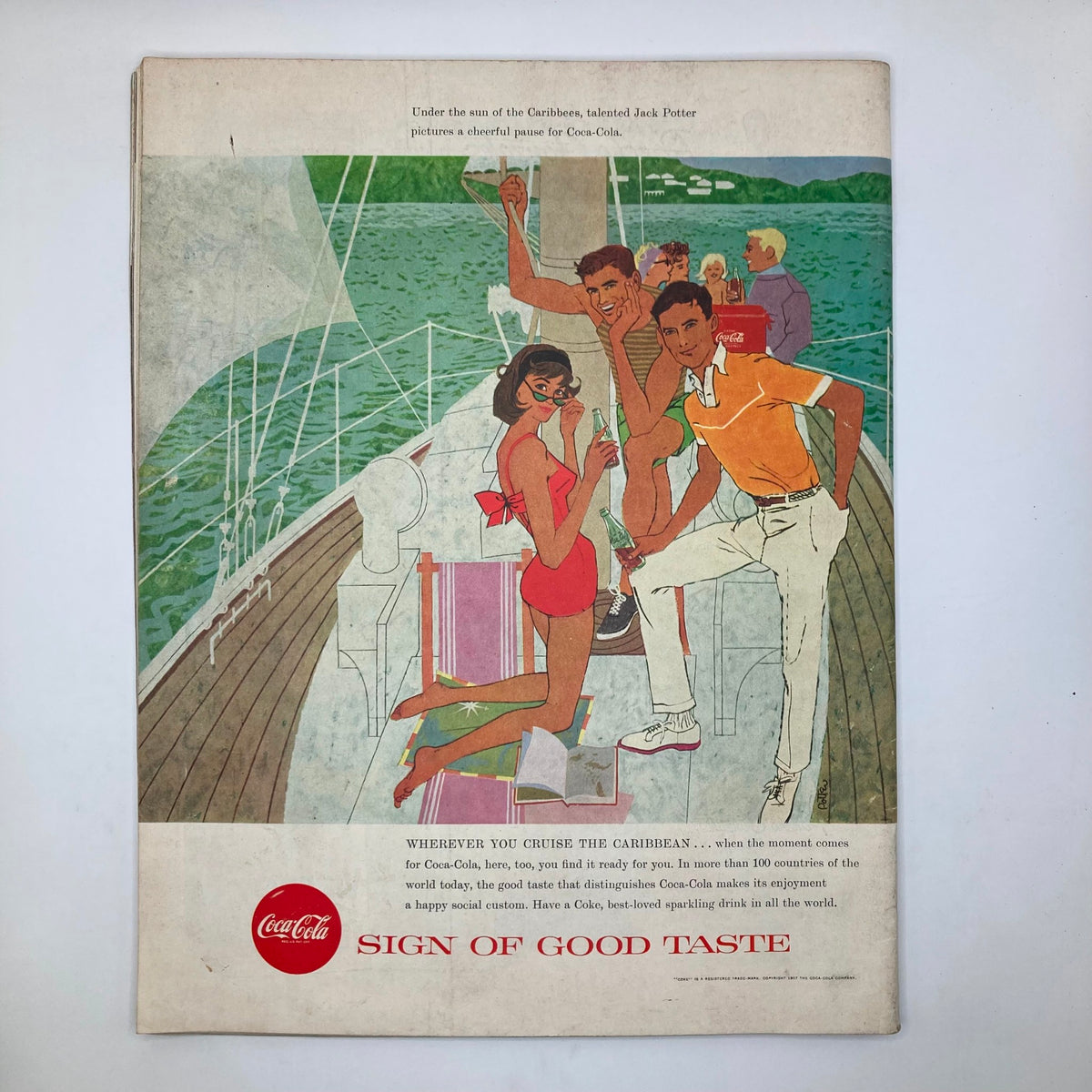 Back cover of Saturday Evening Post Magazine April 13 1957 illustrating a vibrant advertisement for Coca-Cola with a tropical theme, capturing the essence of 1950s aesthetics.
