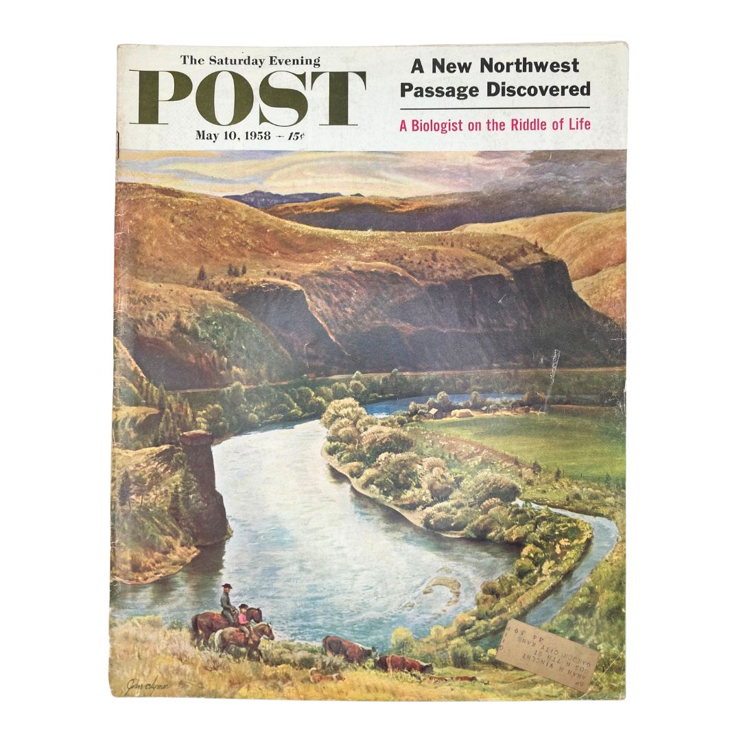 Cover of Saturday Evening Post Magazine May 10 1958 featuring an illustration of a stunning Connecticut home by John Clymer, showcasing suburban living in the 1950s.