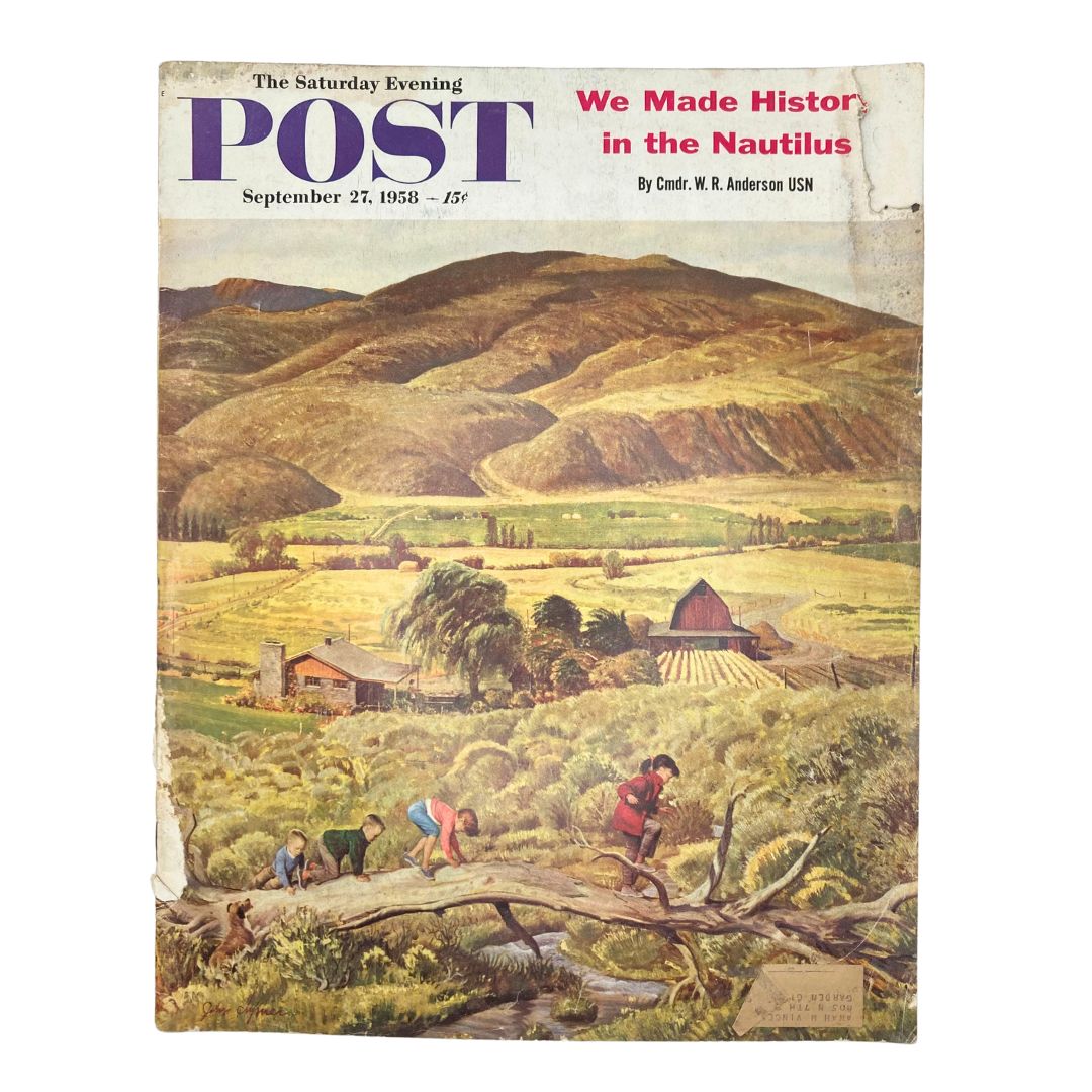 Cover of the Saturday Evening Post Magazine from September 27, 1958, featuring a landscape illustration by John Clymer with children playing on a fallen log.
