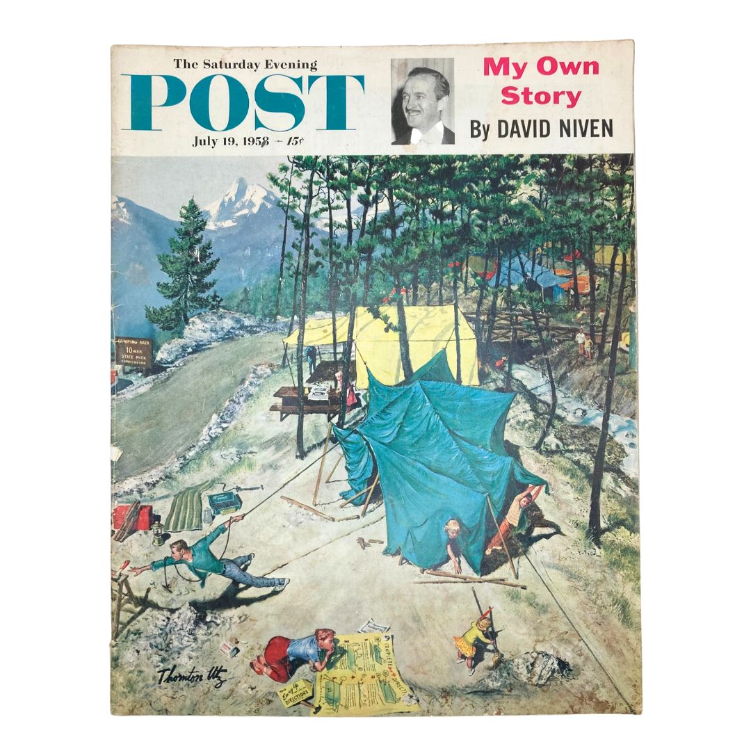 Saturday Evening Post Magazine July 19 1958 cover featuring artwork by John Camp, illustrating a camping scene with vibrant colors and nostalgic themes.