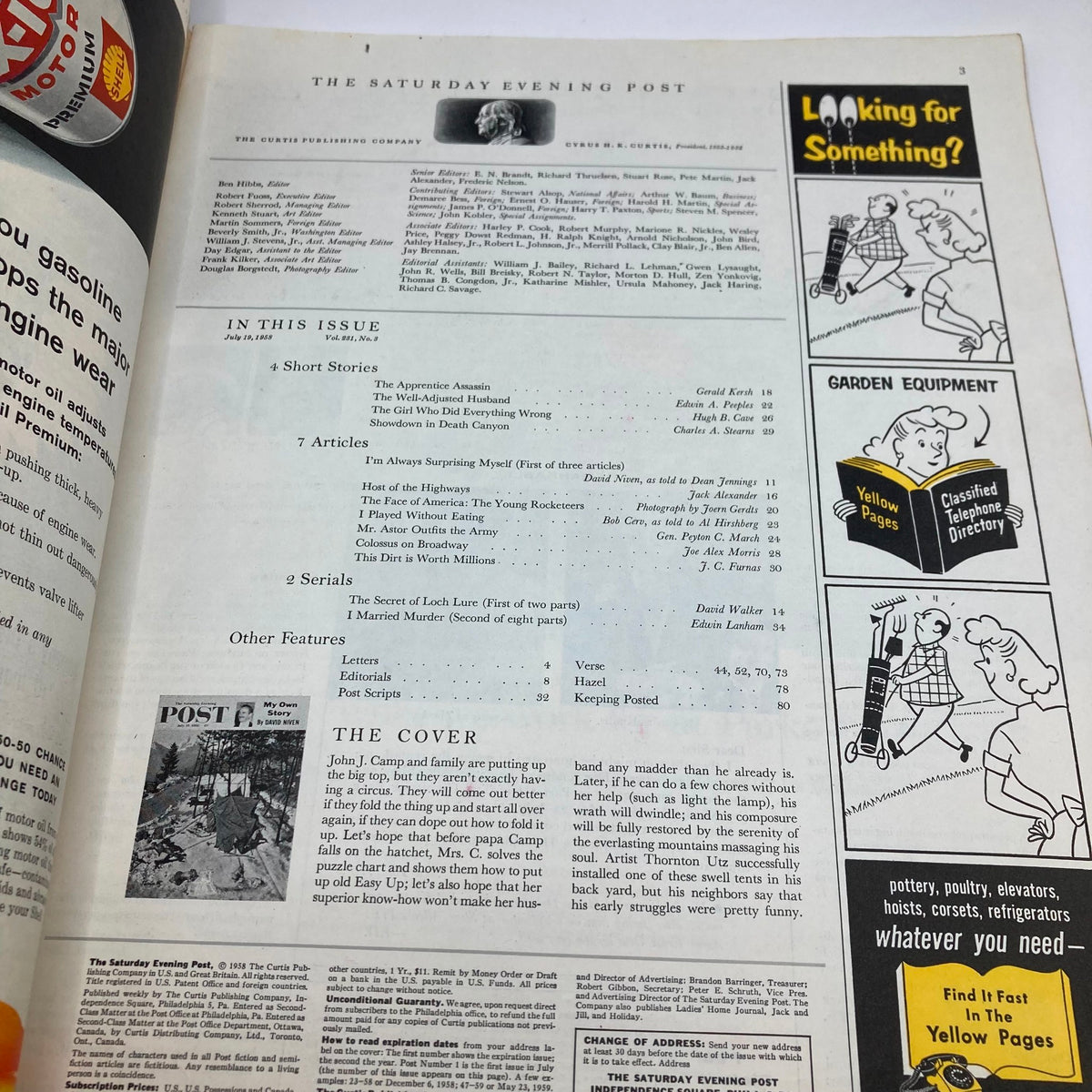 Inside page of the Saturday Evening Post Magazine July 19 1958, showcasing the table of contents and details about featured articles including 'My Own Story' by David Niven.