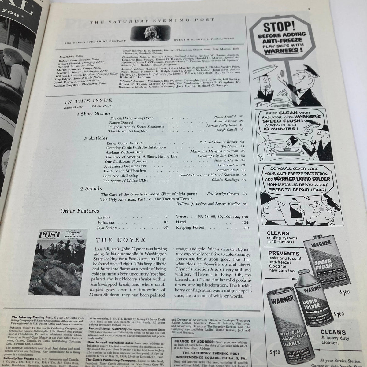 Inside page of Saturday Evening Post Magazine, October 25, 1958, showcasing the table of contents and features including articles and stories, with detailed descriptions.