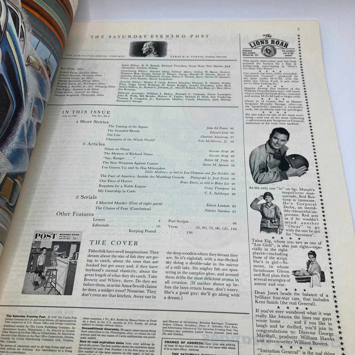 Inside page of the Saturday Evening Post Magazine July 12 1958 detailing contents of the issue, including an article on Richard Nixon, accompanied by black and white illustrations.