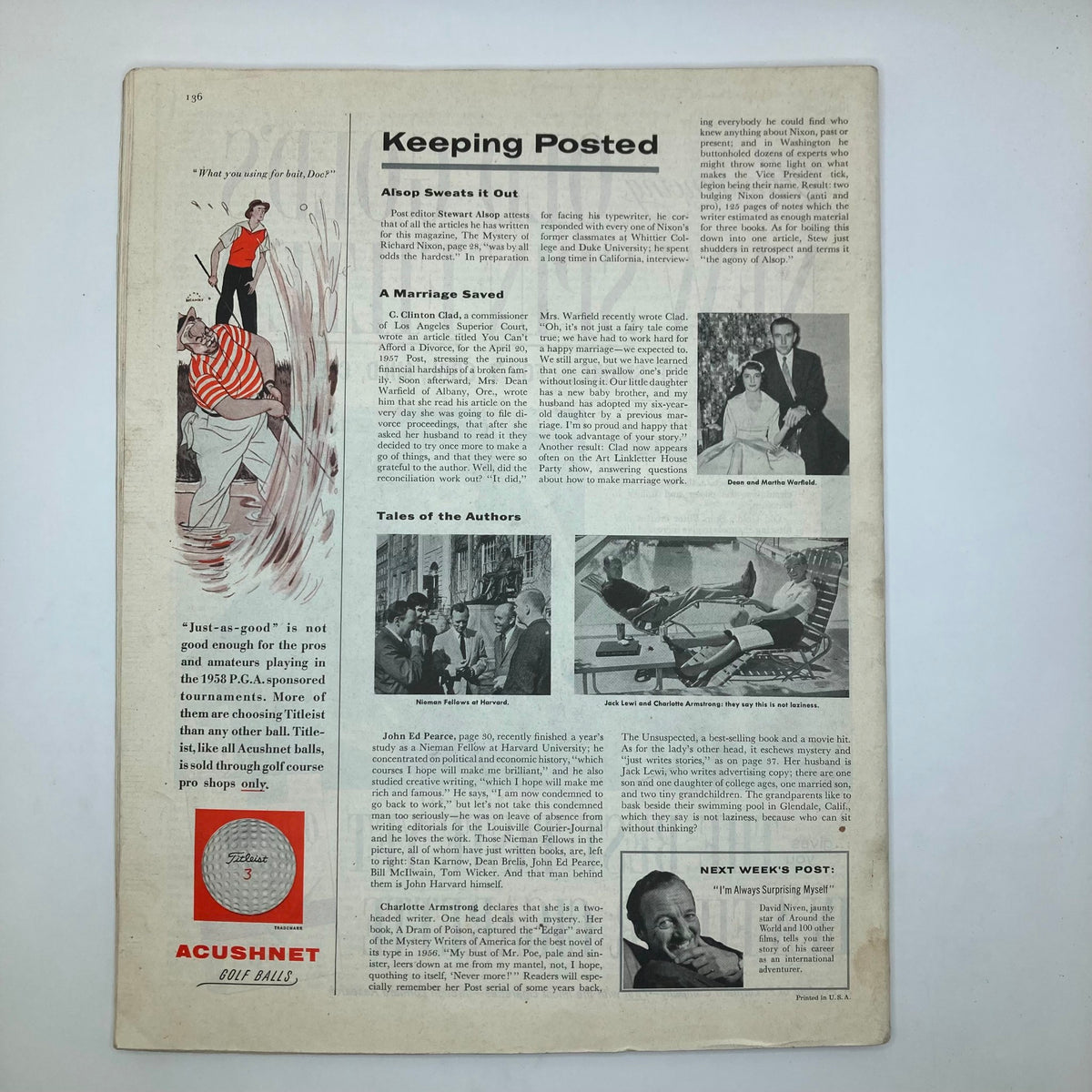 Another inside page from the Saturday Evening Post Magazine July 12 1958 with various articles and features, including a segment titled 'Keeping Posted' with illustrations and text.