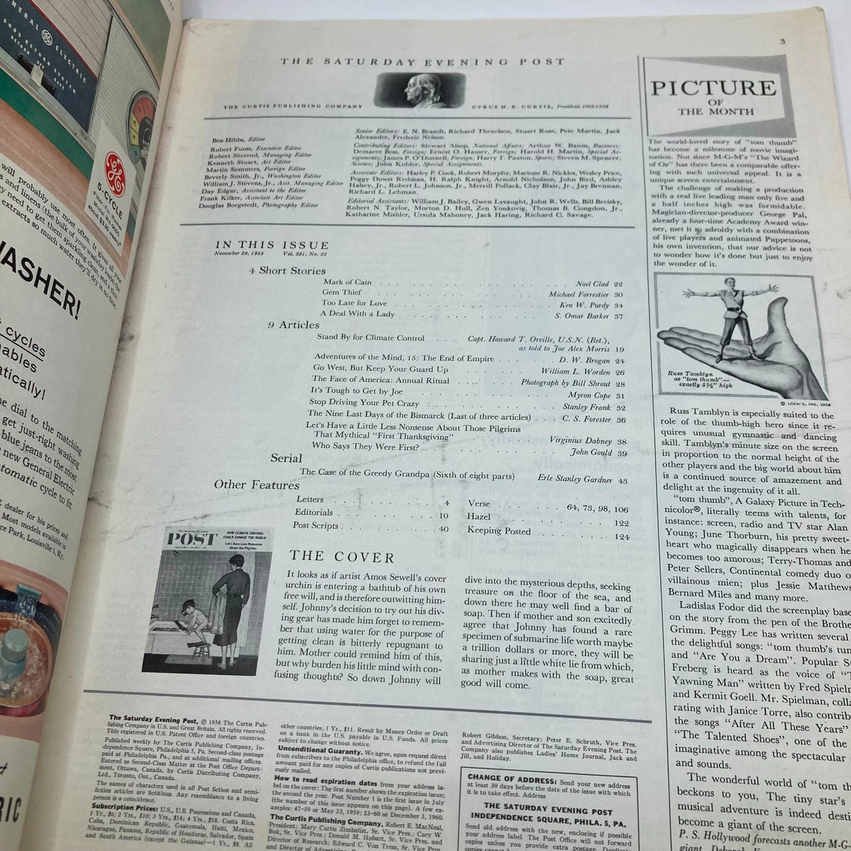 Inside page of the Saturday Evening Post Magazine November 29, 1958, showcasing the magazine's contents and articles, including a description of the cover art by Amos Sewell.