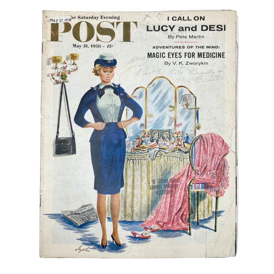 Cover of the Saturday Evening Post Magazine from May 31, 1958 featuring Mrs. Pounds, illustrated by Alajalov, showcasing a woman in a blue uniform standing in front of a vanity, surrounded by various items, reflecting the vintage style and cultural themes of the era.