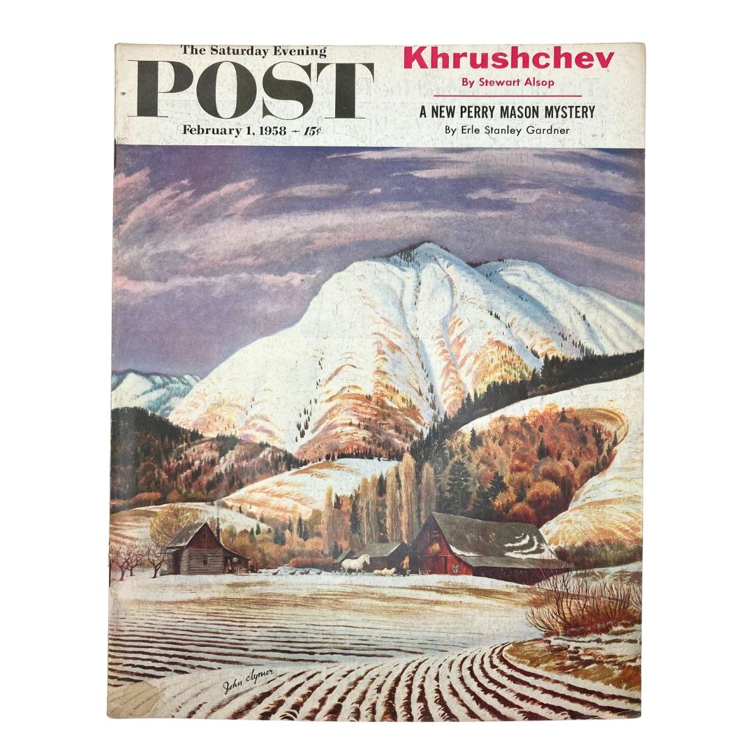 Cover of Saturday Evening Post Magazine from February 1, 1958 featuring a snowy mountain landscape and rustic farmhouses, art by John Clymer.