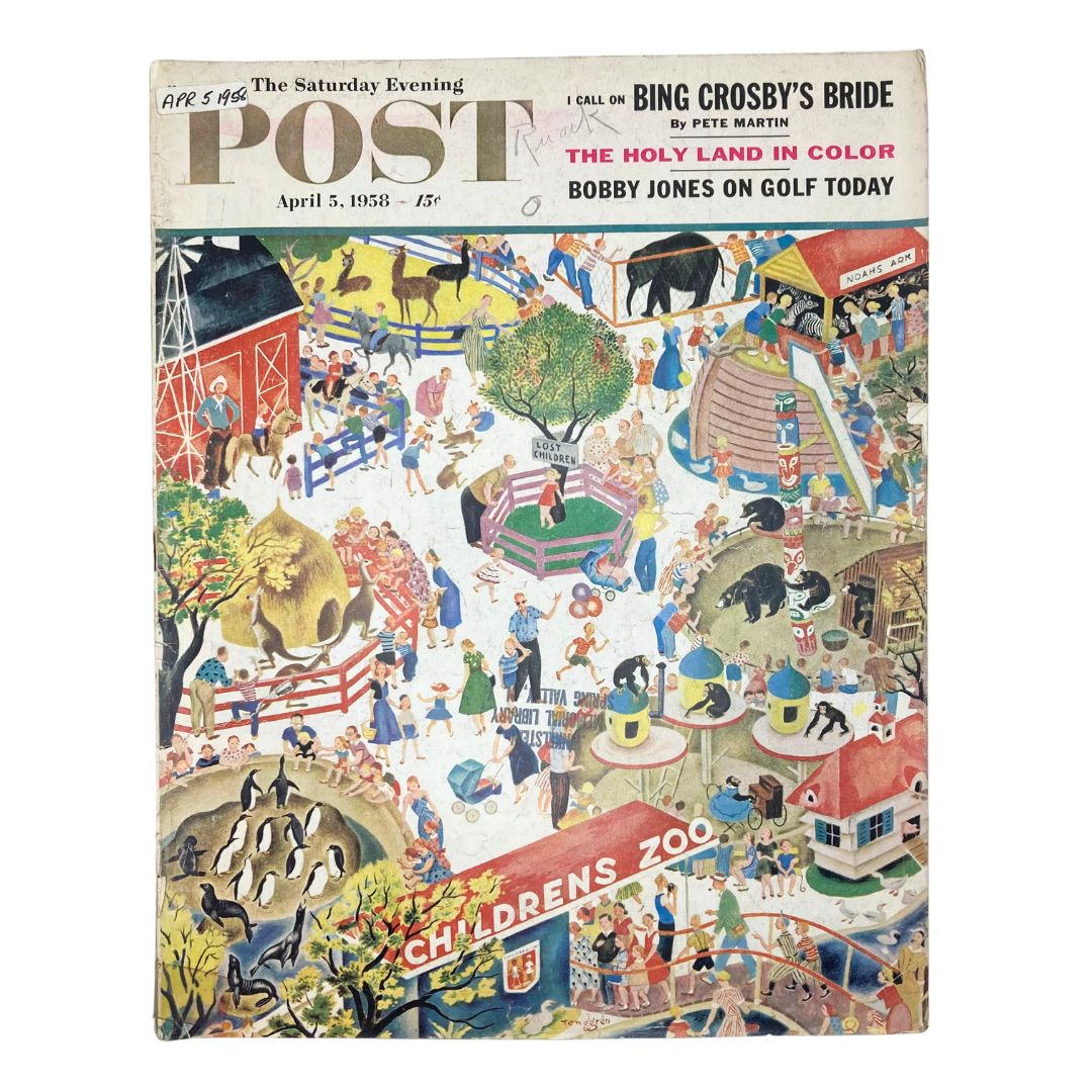 Cover of the Saturday Evening Post Magazine April 5, 1958 featuring vibrant illustrations of a zoo with children and animals, showcasing renowned artist Gustaf Tenggren's artwork.