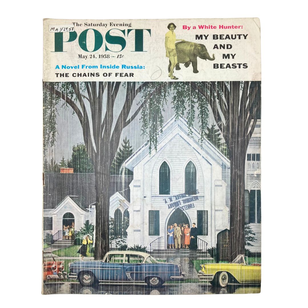 Cover of Saturday Evening Post Magazine May 24, 1958 featuring a vintage illustration of the Episcopal Church in Bridgewater along with classic cars from the 1950s.