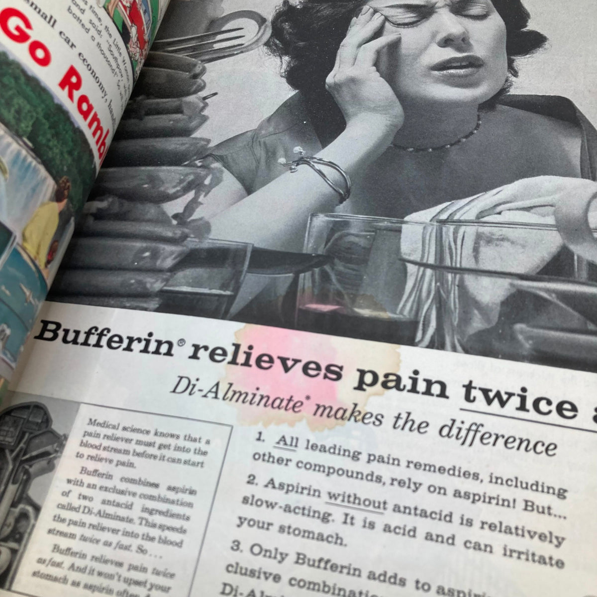 Vintage advertisement in Saturday Evening Post Magazine May 24 1958 for Bufferin pain reliever showing a woman with a headache.