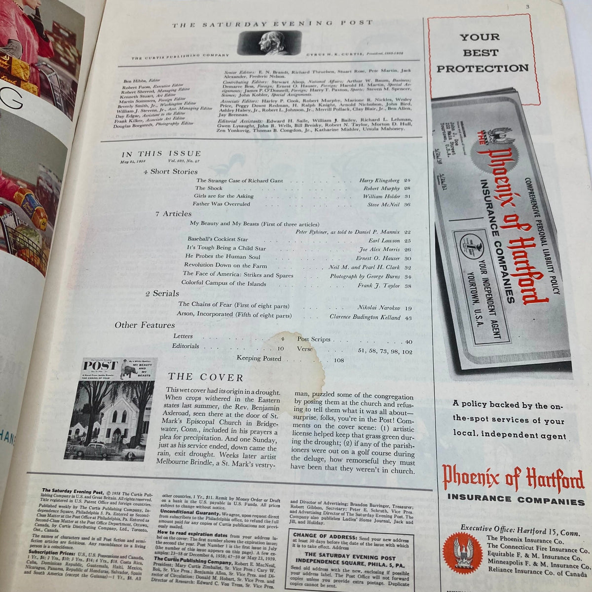 Inside page of Saturday Evening Post Magazine May 24 1958 listing articles and features in the issue, including the cover story.