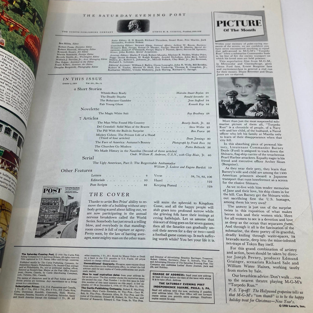 Inside page of the Saturday Evening Post Magazine from October 4, 1958, showcasing articles and contents, including the highlighted World Series cover by Ben Prins.