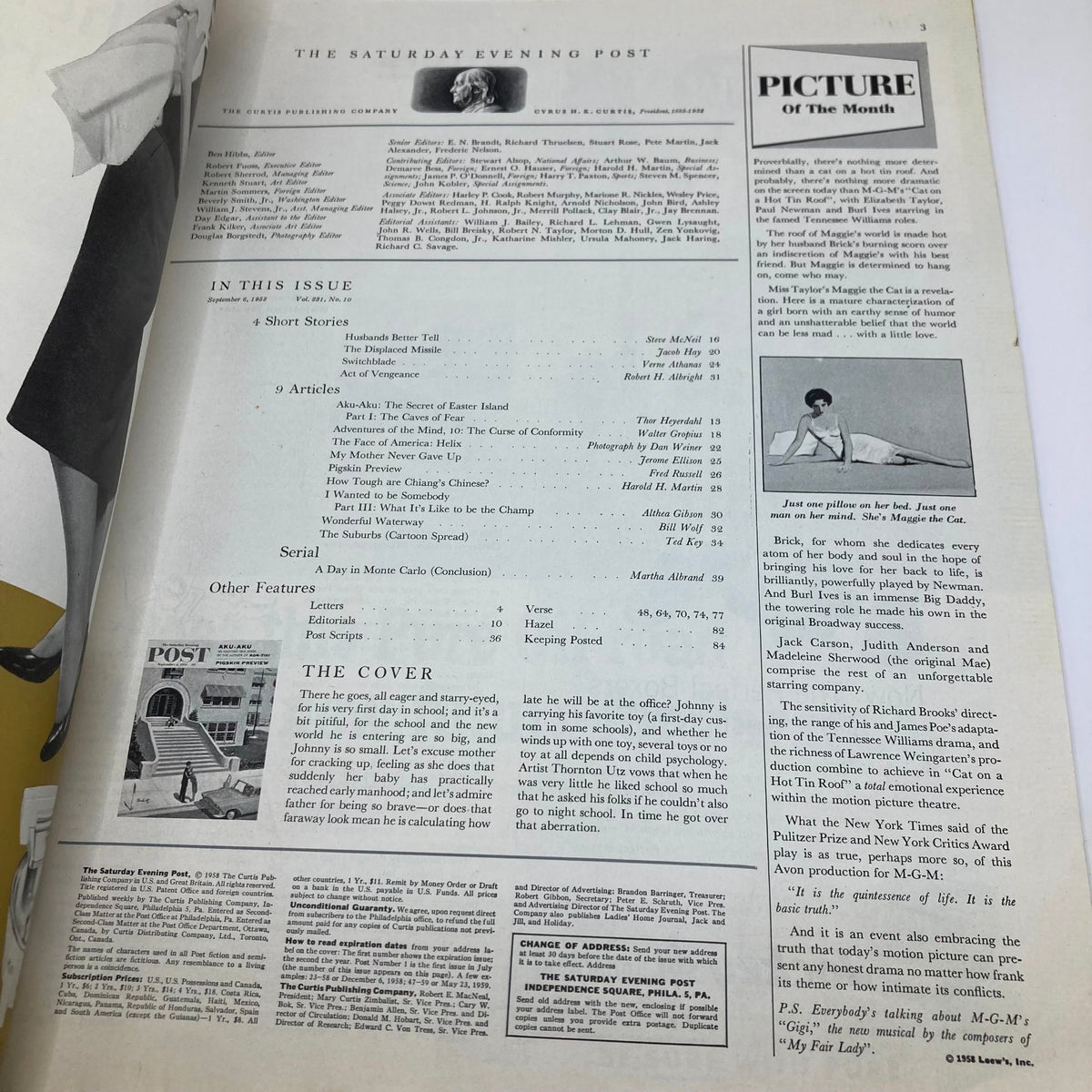 Inside page of the Saturday Evening Post Magazine from September 7, 1958, showcasing the table of contents and article listings, reflective of the magazine's portrayal of late 1950s American culture.