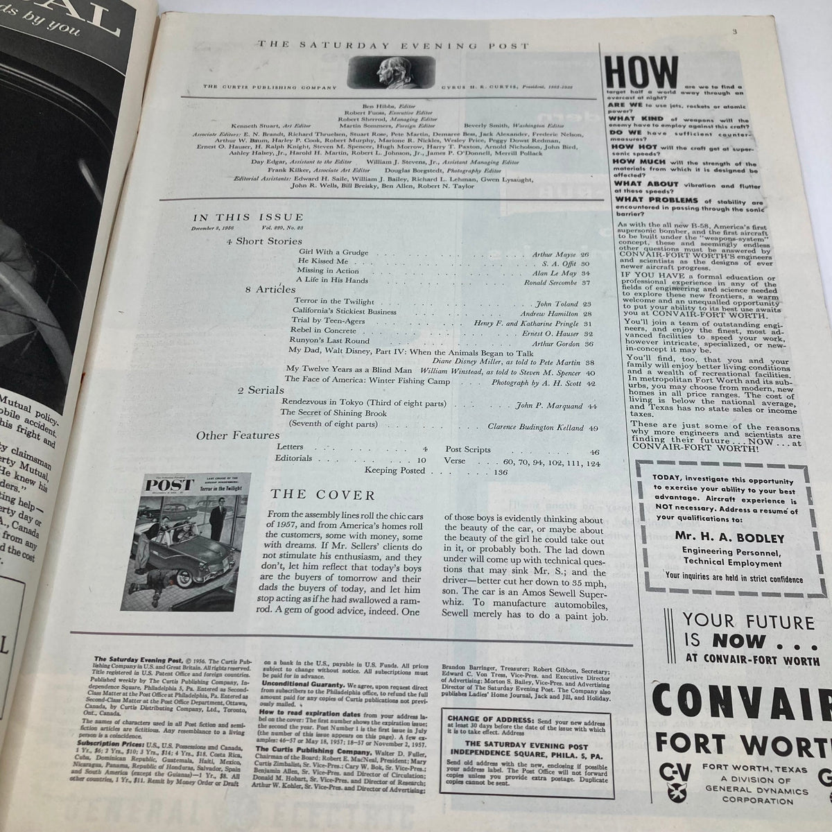 Interior page from Saturday Evening Post Magazine December 8 1956, listing articles and features including 'Terror in the Twilight', reflecting the magazine's vintage layout and styles.