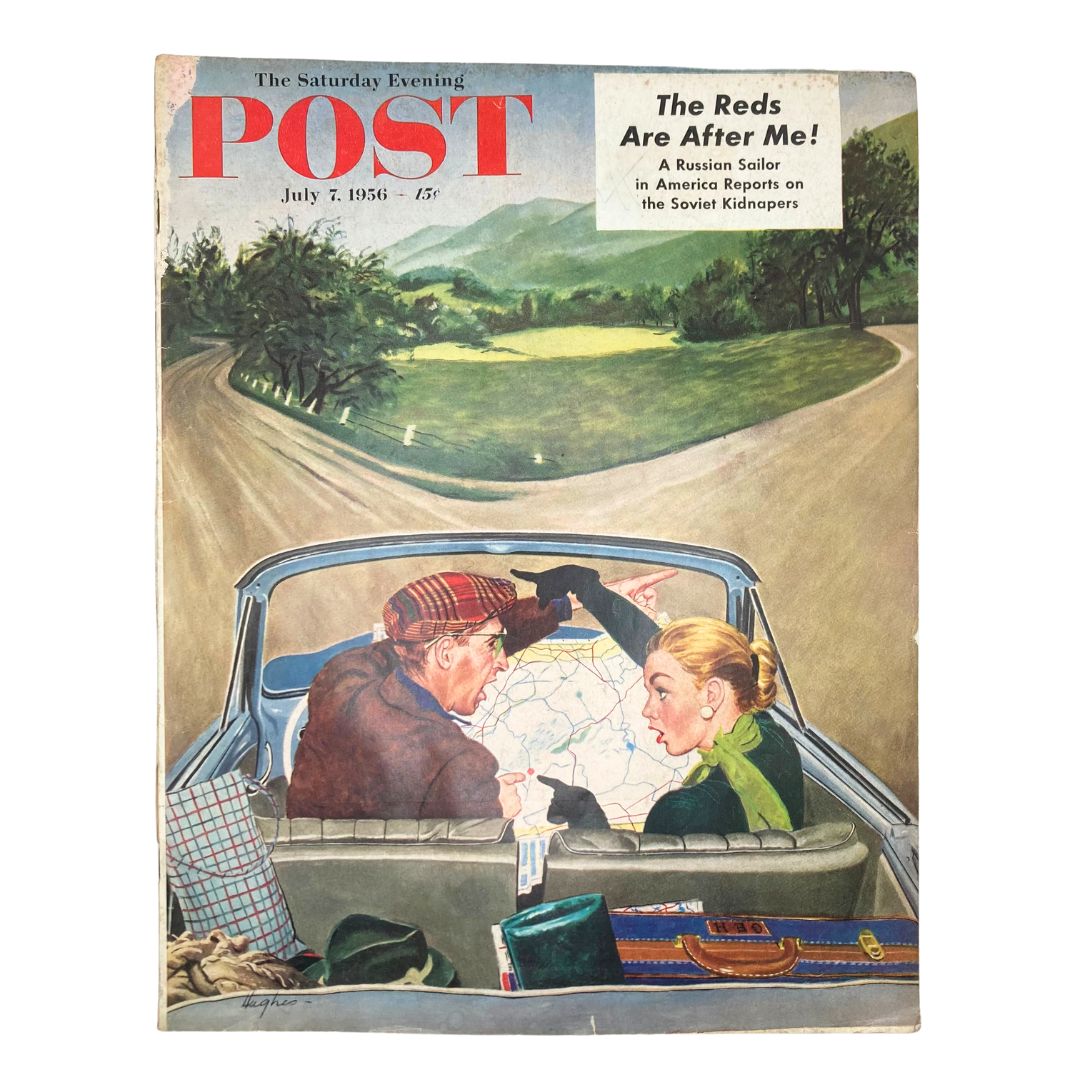 Cover of the Saturday Evening Post Magazine July 7, 1956 featuring the artwork titled 'Husband & Wife' by Hughes, depicting a couple looking at a map inside a car on a scenic road.