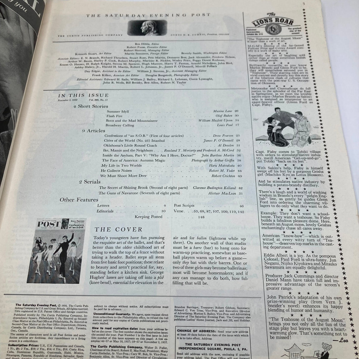 Interior page of the Saturday Evening Post Magazine, November 3, 1956, showcasing articles and features including the ballet-themed illustration titled 'Ballet Steps All Stem - Hughes'.
