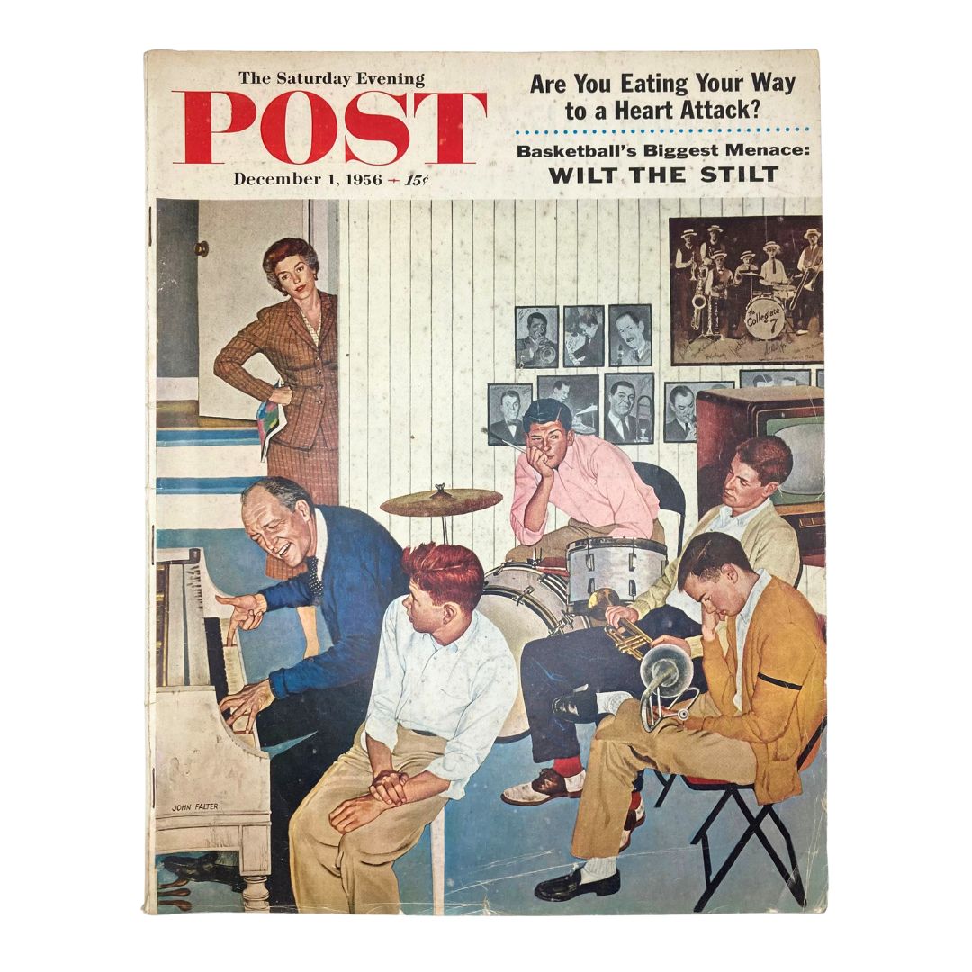 Cover of the Saturday Evening Post Magazine December 1, 1956 featuring Mr. Tinkelpaugh, illustrated by John Falter, depicting a lively jazz scene with musicians and a vocalist.