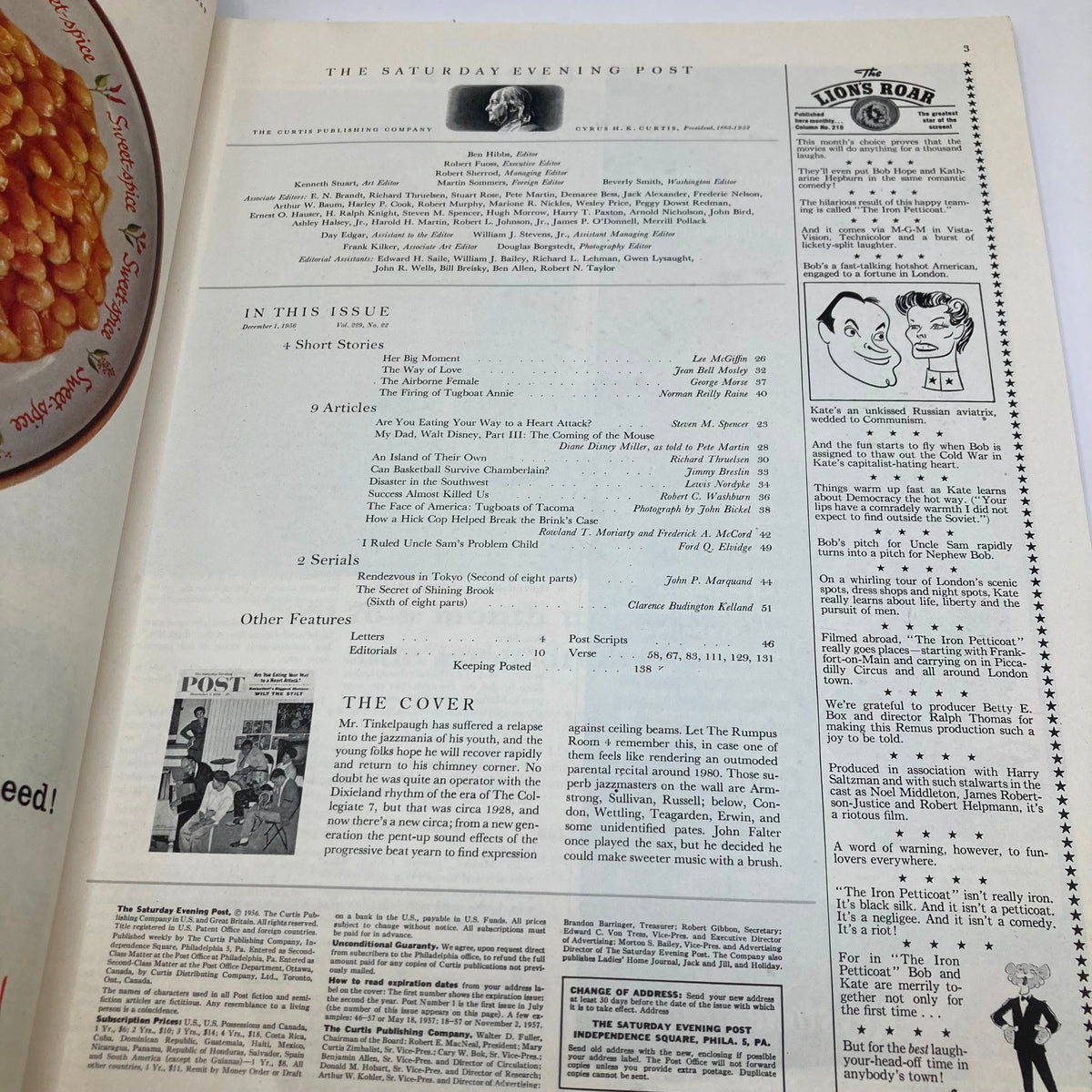 Interior page of the Saturday Evening Post Magazine December 1, 1956 highlighting articles and features, including a section about the cover story featuring Mr. Tinkelpaugh.