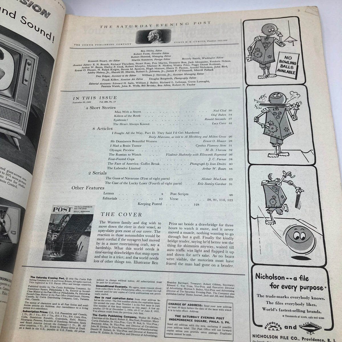 Inside page of the Saturday Evening Post Magazine from September 22, 1956, displaying the table of contents and features, including articles and illustrations from that era.