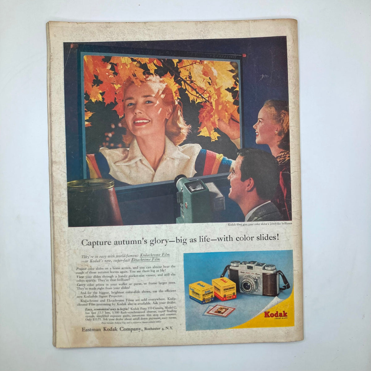 Back cover of the Saturday Evening Post Magazine from September 22, 1956, showcasing an advertisement for Kodak film and camera, reflecting vintage advertising trends.