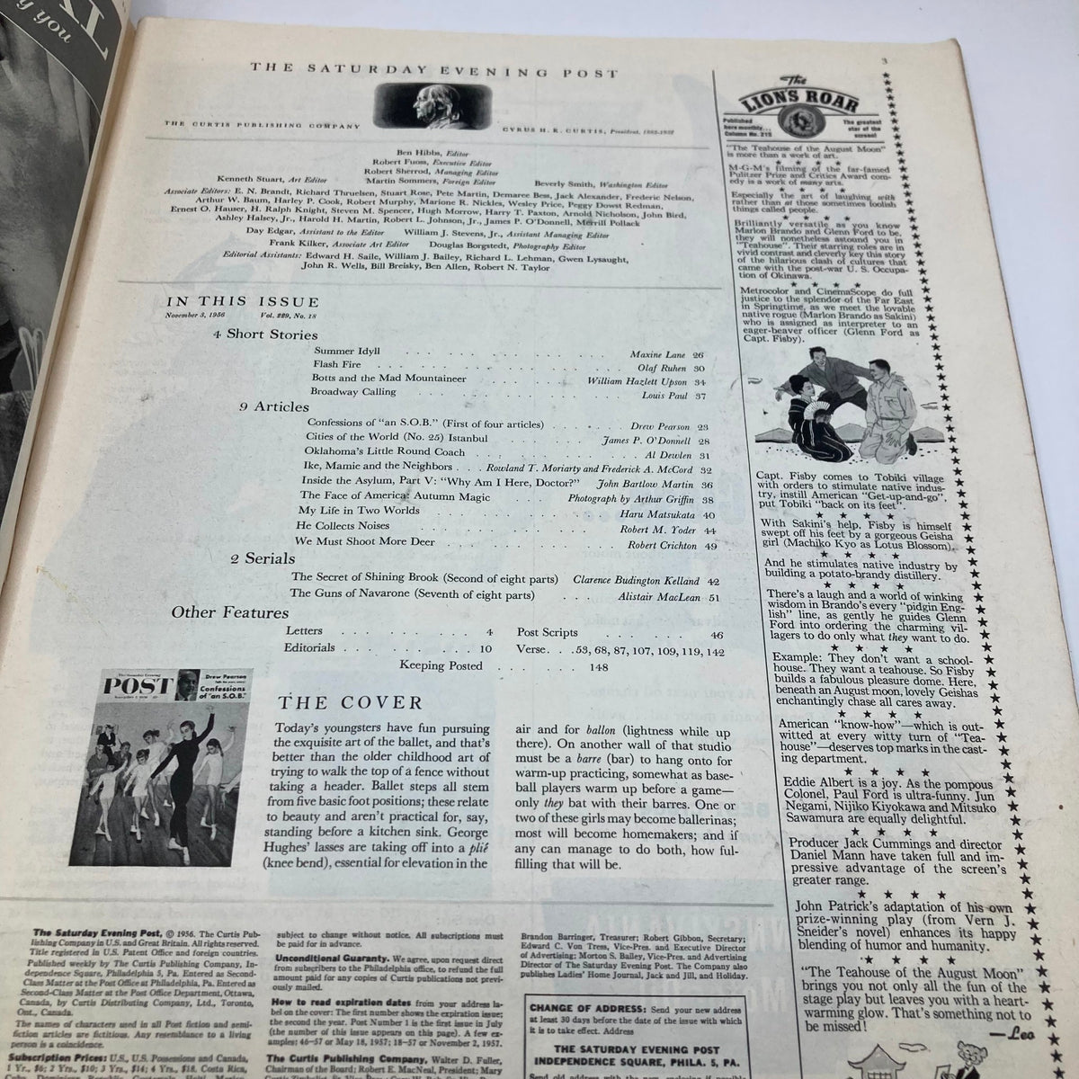 Interior page of the Saturday Evening Post Magazine, November 3, 1956, detailing the magazine's contents and featuring a description of the cover image with ballet dancers.