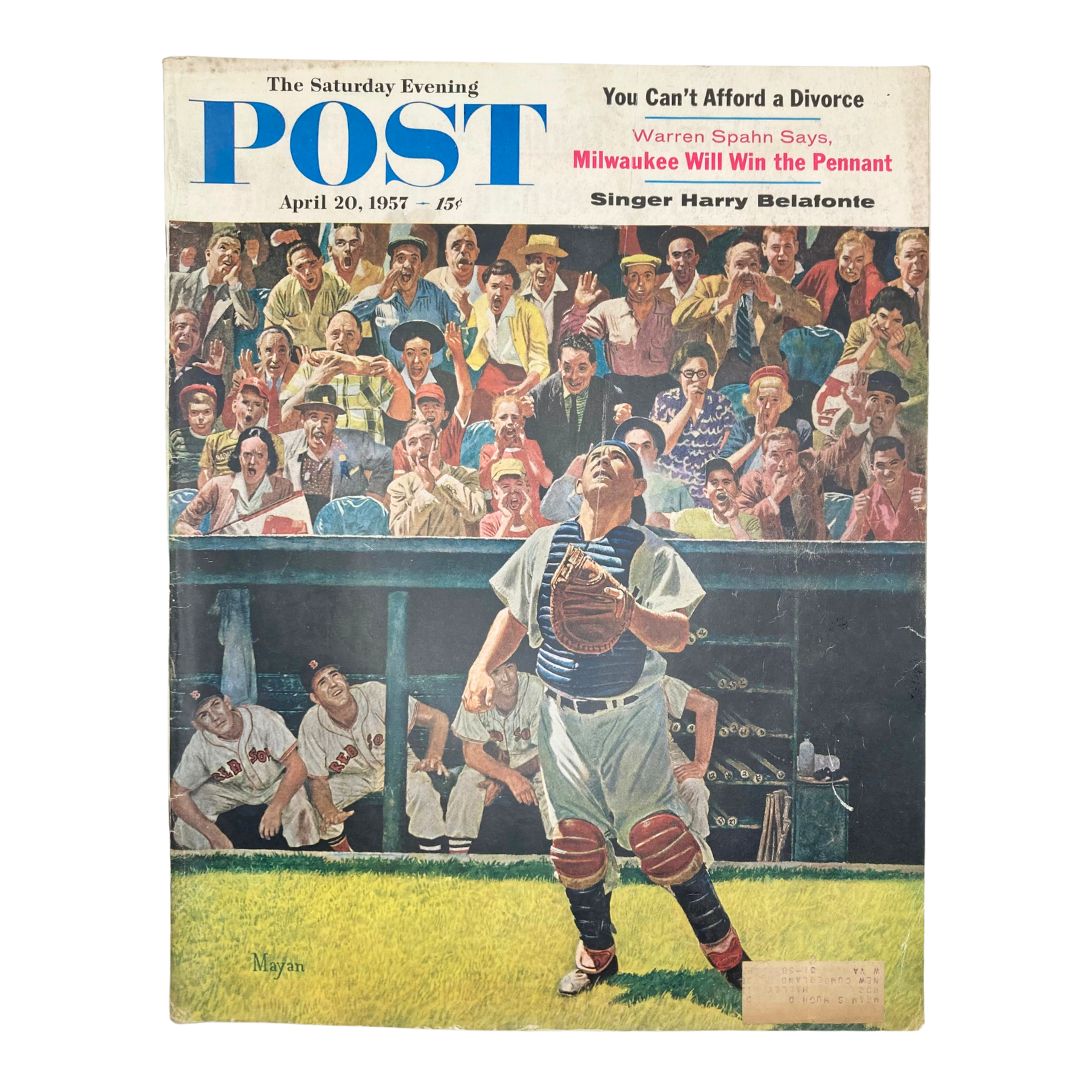 Cover of Saturday Evening Post Magazine from April 20, 1957, featuring Yogi Berra and a vibrant Mayan design, showcasing retro baseball culture.