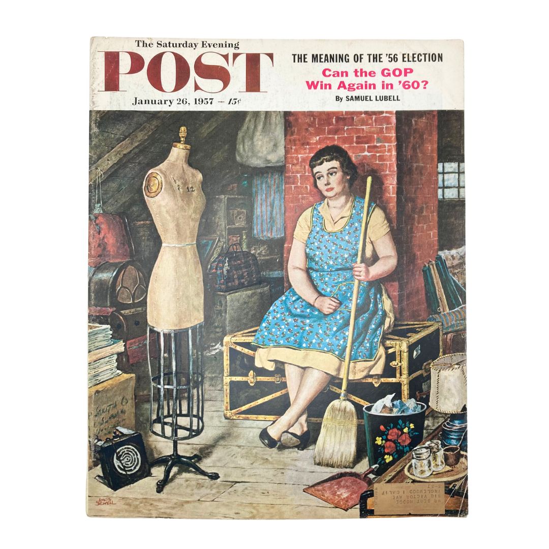 Cover of Saturday Evening Post Magazine January 26 1957, featuring a charming illustration by Amos Sewell of Mrs. Portleigh in an artistically designed room.
