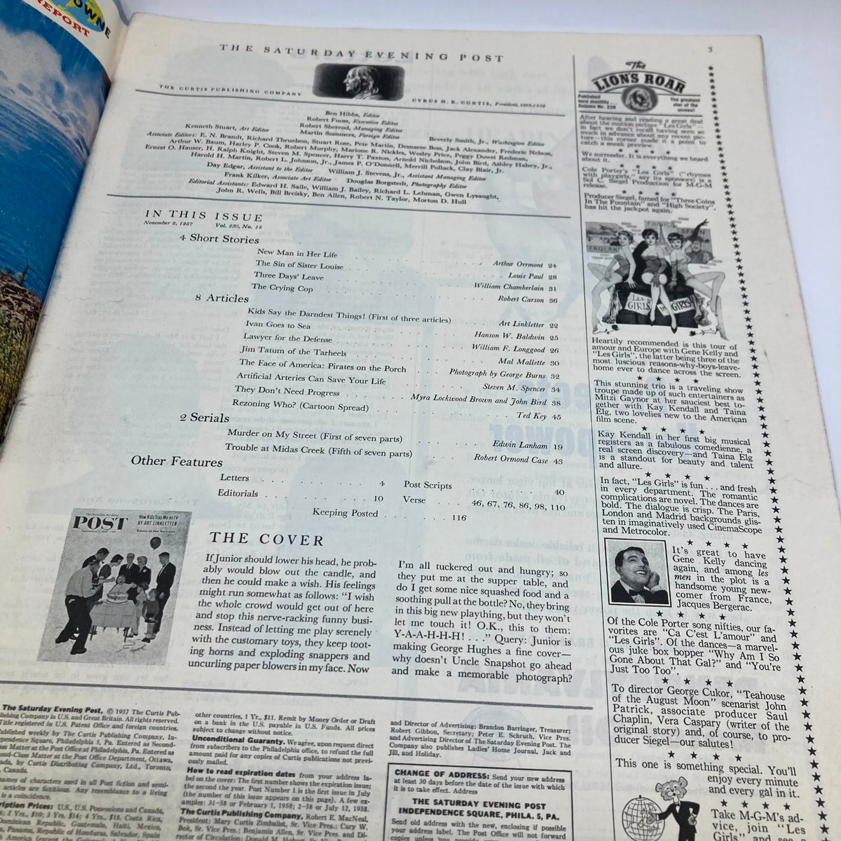 Inside page of Saturday Evening Post Magazine November 2 1957 displaying table of contents and articles including commentary on the magazine cover.