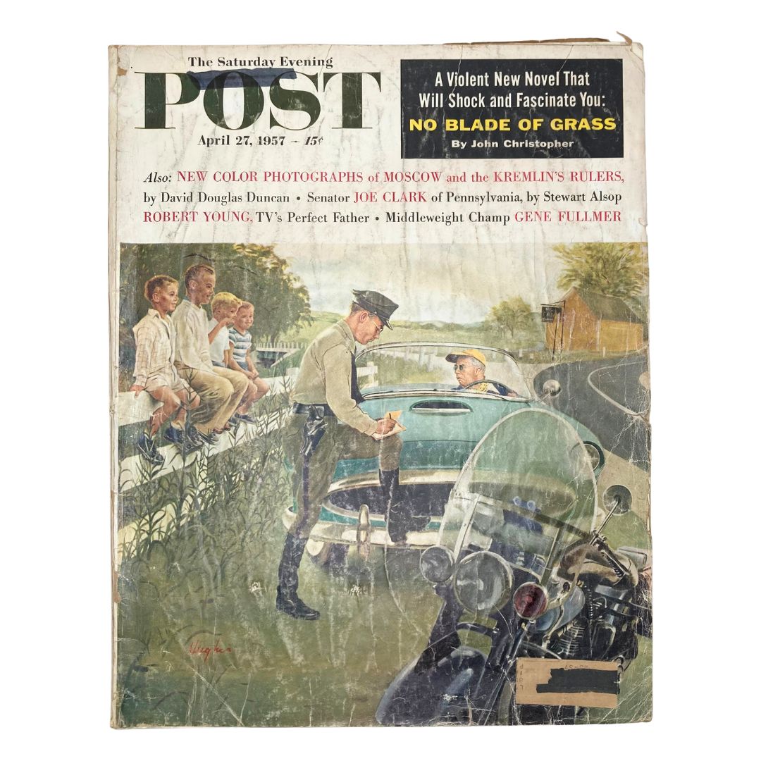 Cover of Saturday Evening Post Magazine dated April 27, 1957 featuring the illustration 'Mr. Swift' by George Hughes, showcasing a police officer interacting with a driver near a scenic landscape.