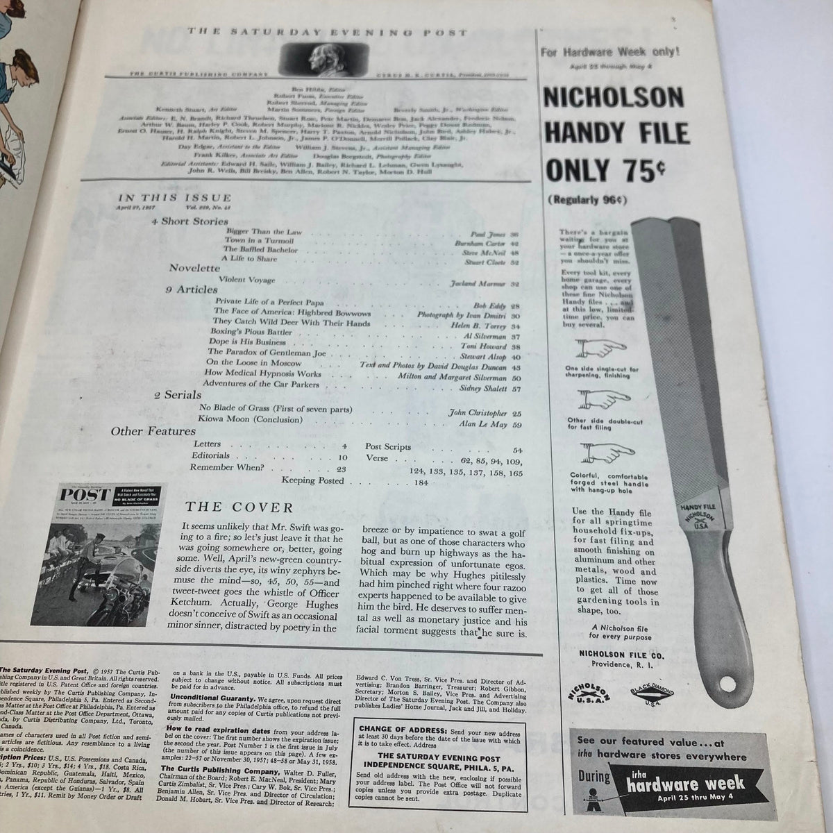Inside page spread of the Saturday Evening Post Magazine April 27 1957, showcasing the table of contents with articles and features, reflecting mid-20th century lifestyle.
