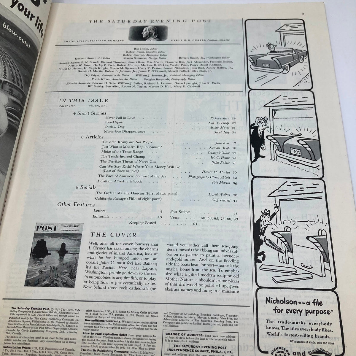 Interior page of Saturday Evening Post Magazine July 27, 1957 showing the contents page with articles, stories, and features from that edition, illustrating the publication's mid-20th century layout.