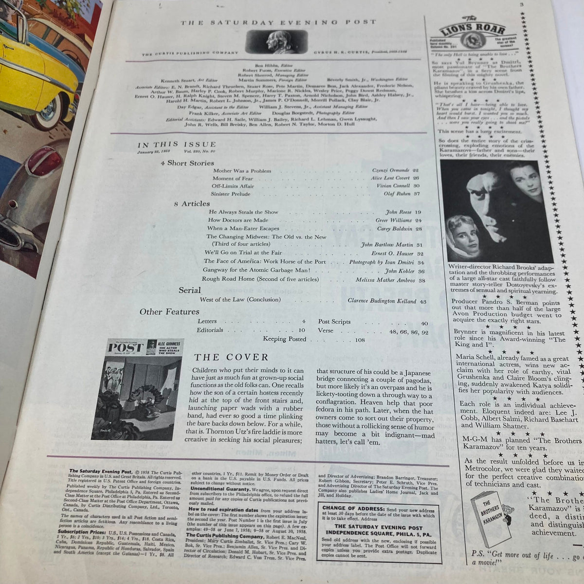 Interior page of the Saturday Evening Post Magazine from January 25, 1958, displaying contents and articles, showcasing its vintage layout and mid-century style.