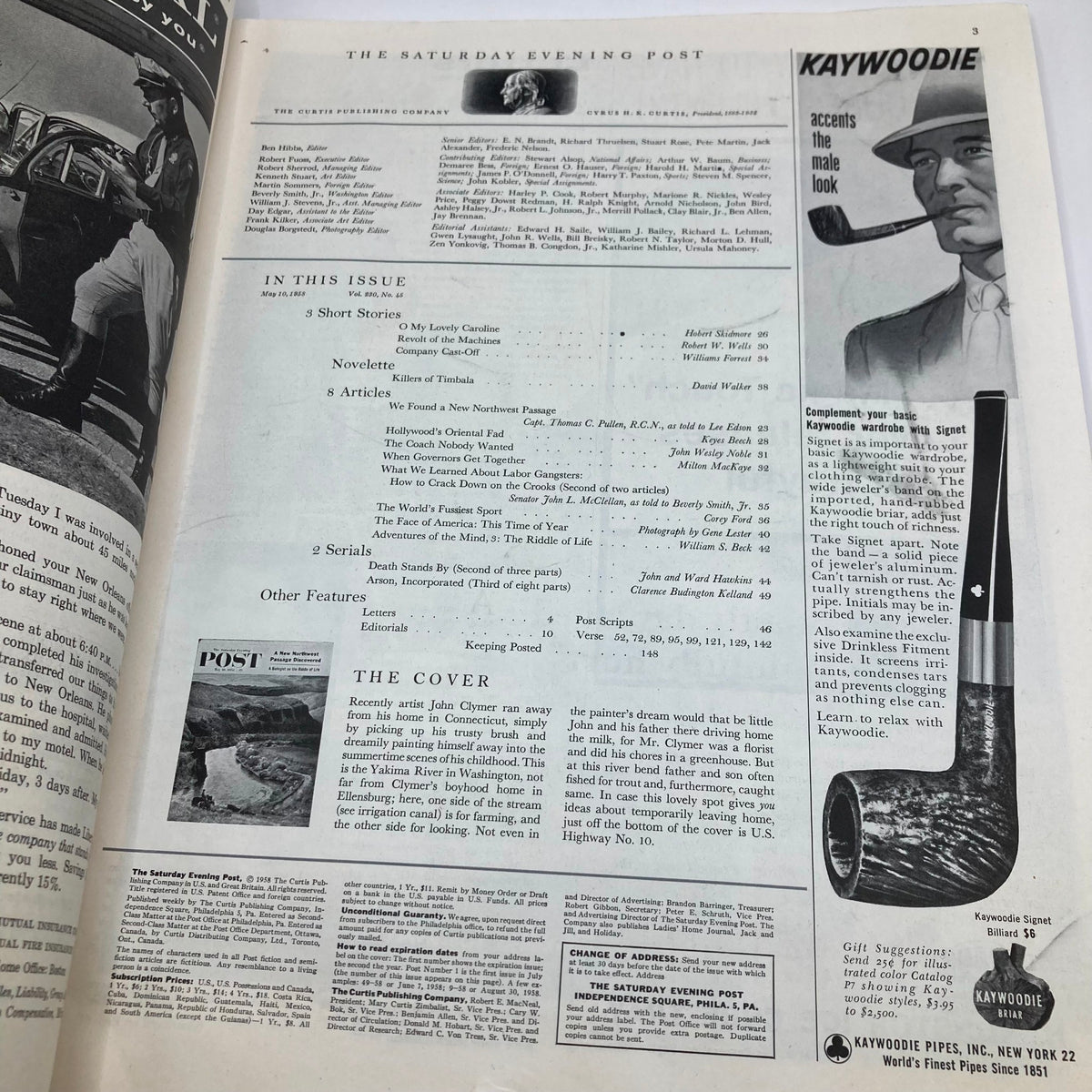 Interior page of the Saturday Evening Post Magazine, May 10, 1958, displaying the table of contents and details about the issue.