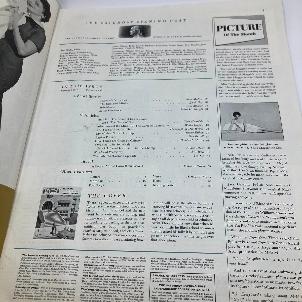 Interior page of the Saturday Evening Post Magazine September 6 1958 showing the table of contents and article features, highlighting vintage publications and historical context.