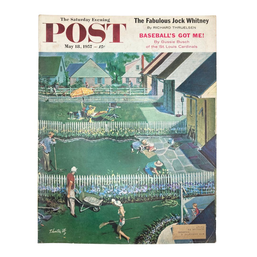 Cover of Saturday Evening Post Magazine from May 18, 1957, showcasing a vibrant illustrated scene of neighborhood activities and outdoor leisure.