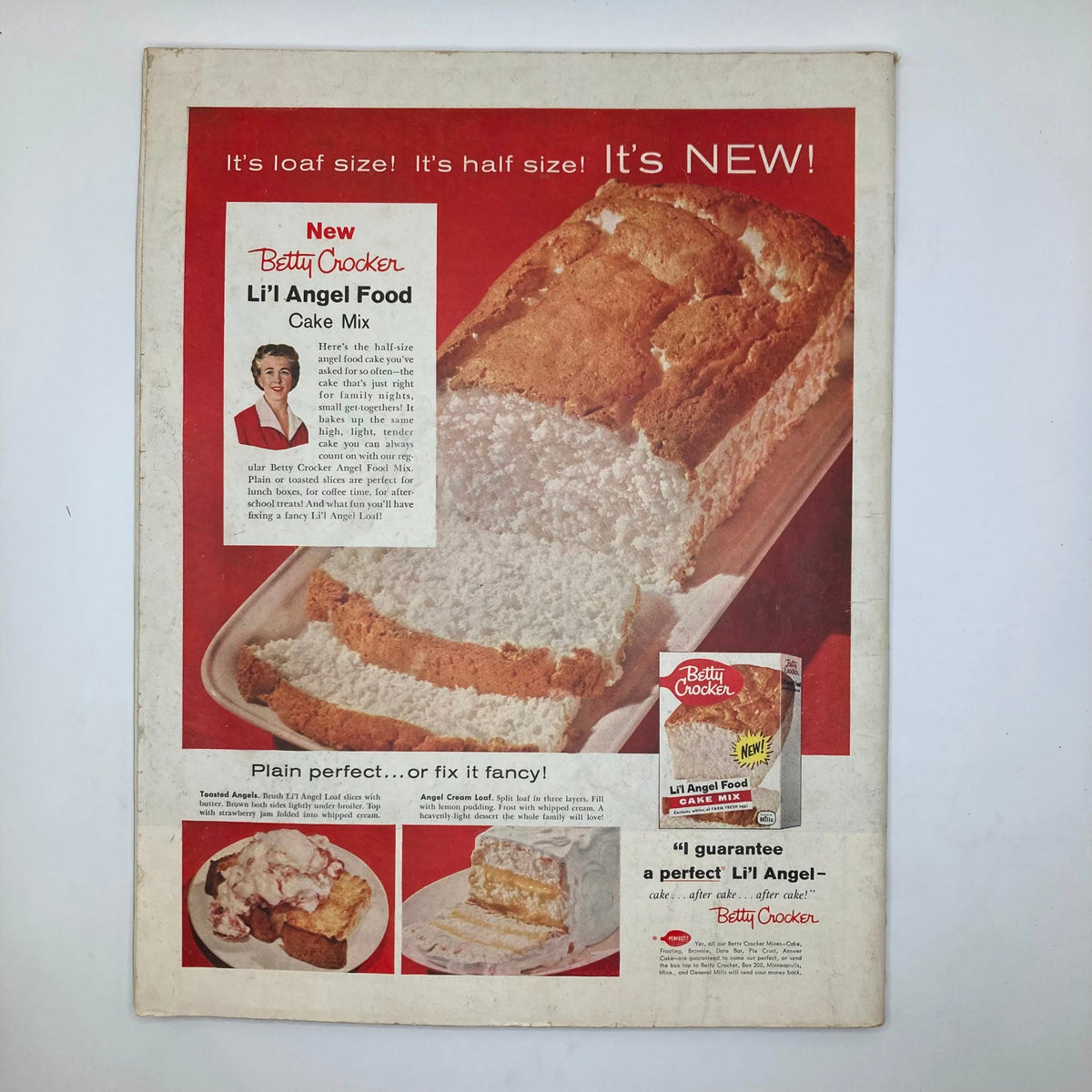 Back cover of Saturday Evening Post Magazine from May 18, 1957, advertising Betty Crocker's new Li'l Angel Food Cake Mix with a delicious cake image.