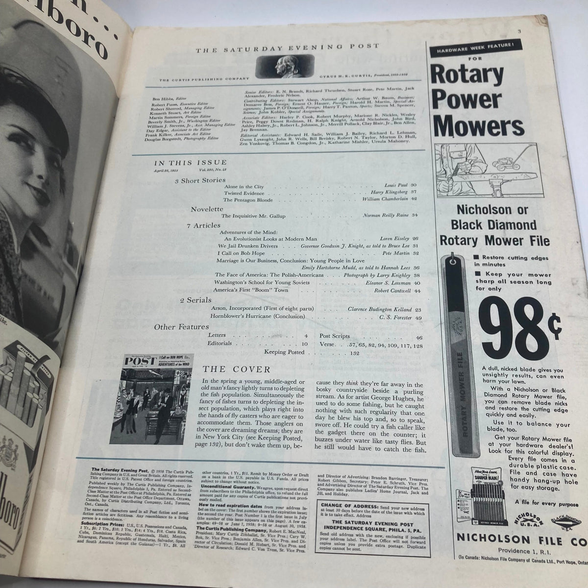 Interior page of the Saturday Evening Post Magazine from April 26, 1958, featuring contents and articles, showcasing mid-20th-century culture.