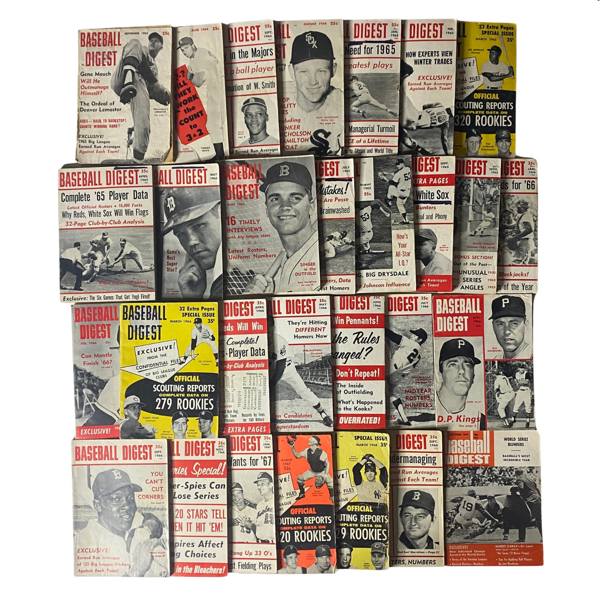 Extremely Rare Complete Lot of 30 Baseball Digest Magazines (1963–1969) showcasing various vintage magazine covers from the golden age of baseball.
