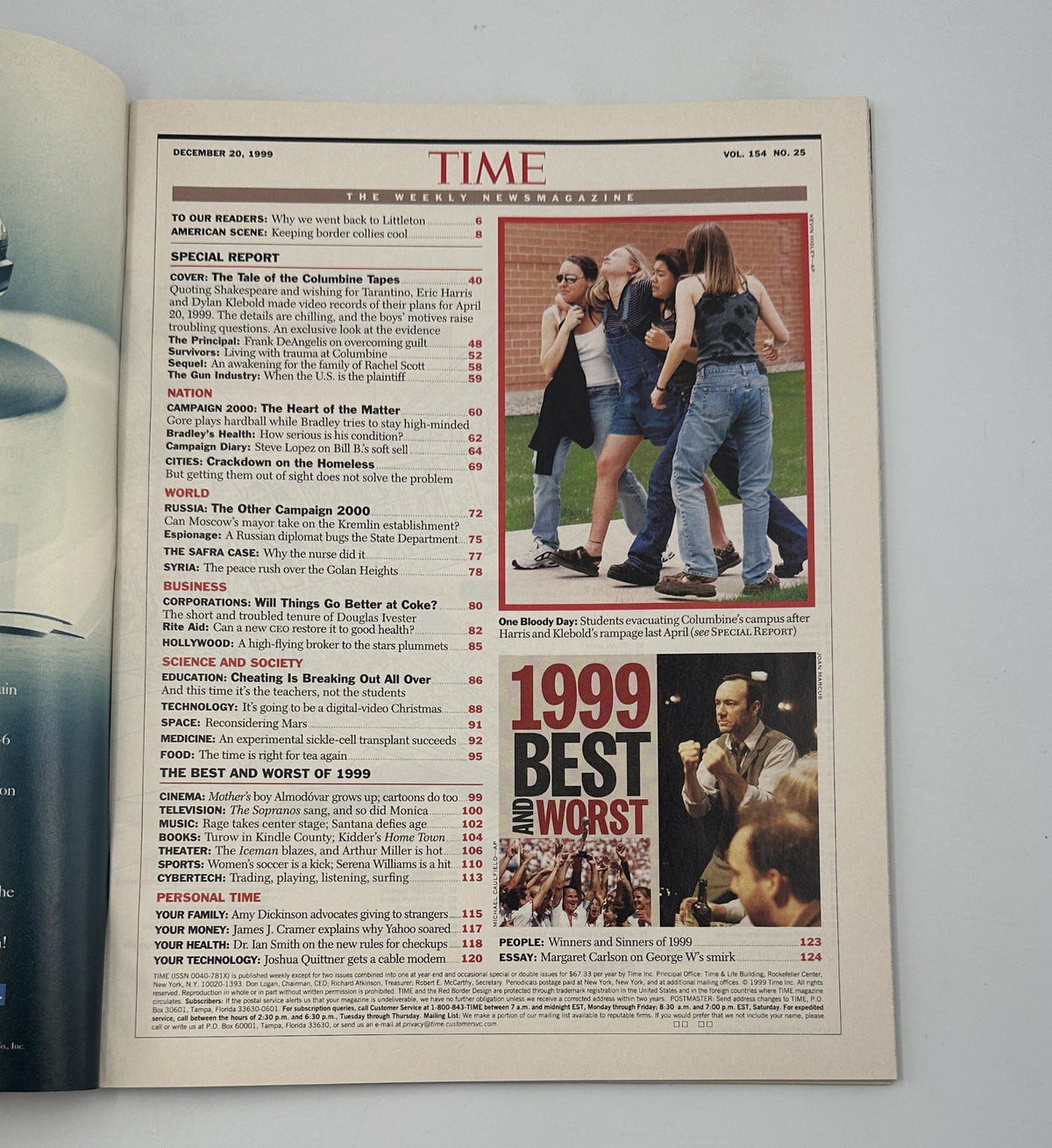 Time Magazine December 20, 1999 The Columbine Tapes Special Report showcasing the table of contents for the issue, highlighting significant features and reports.