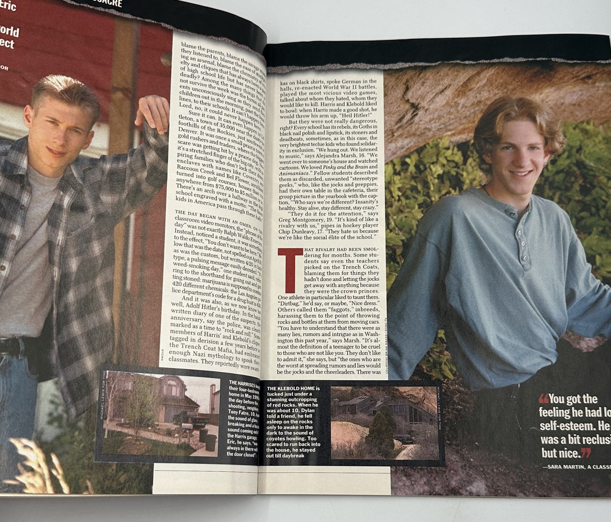 Feature in Time Magazine May 3, 1999, showcasing characters related to the Colorado Massacre with a focus on Dylan Klebold and Eric Harris, highlighting their appearance and background.