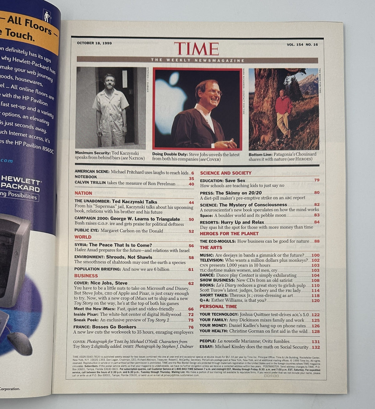 Table of contents page from Time Magazine, October 18, 1999, detailing articles including an interview with Ted Kaczynski and insights on Steve Jobs' contributions to technology and film.