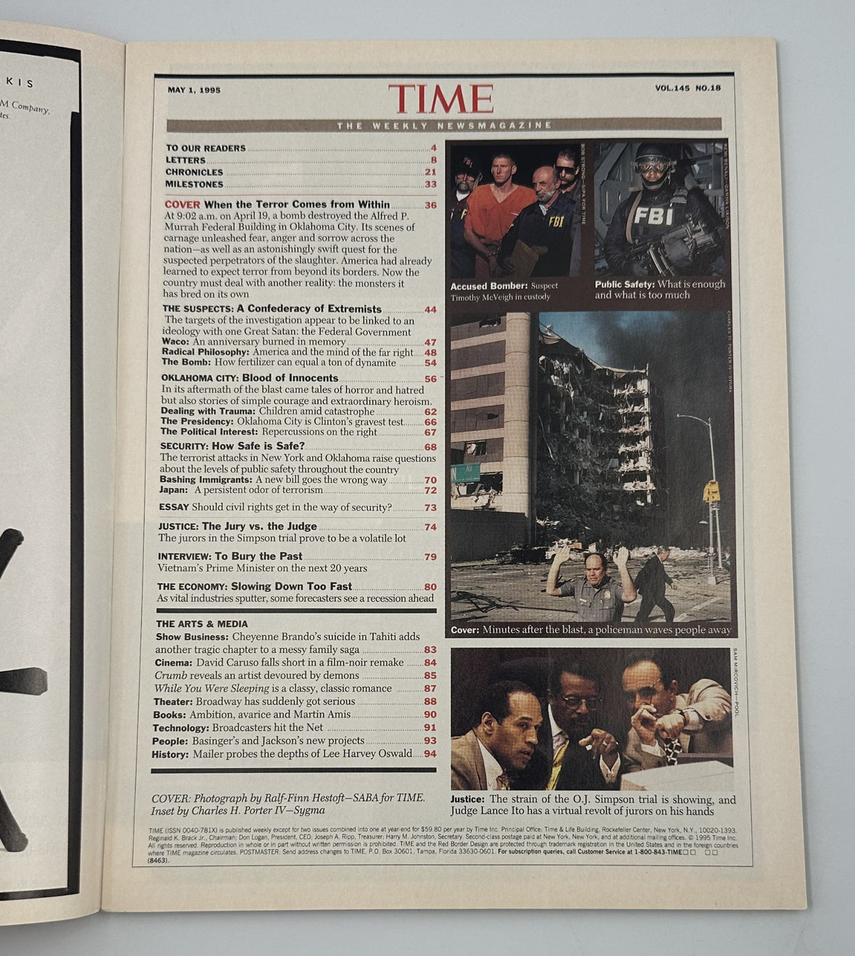 Inside page of Time Magazine May 1, 1995, showcasing the Table of Contents, highlighting features on the Oklahoma City bombing and related investigative articles.