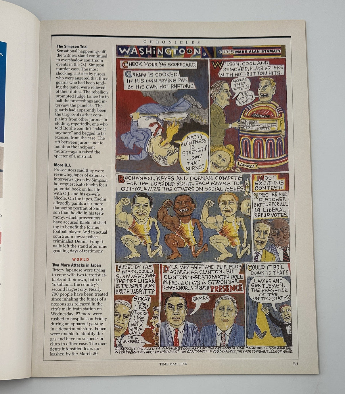 Chronicles section from Time Magazine May 1, 1995, featuring political cartoons discussing the O.J. Simpson trial and various political figures.
