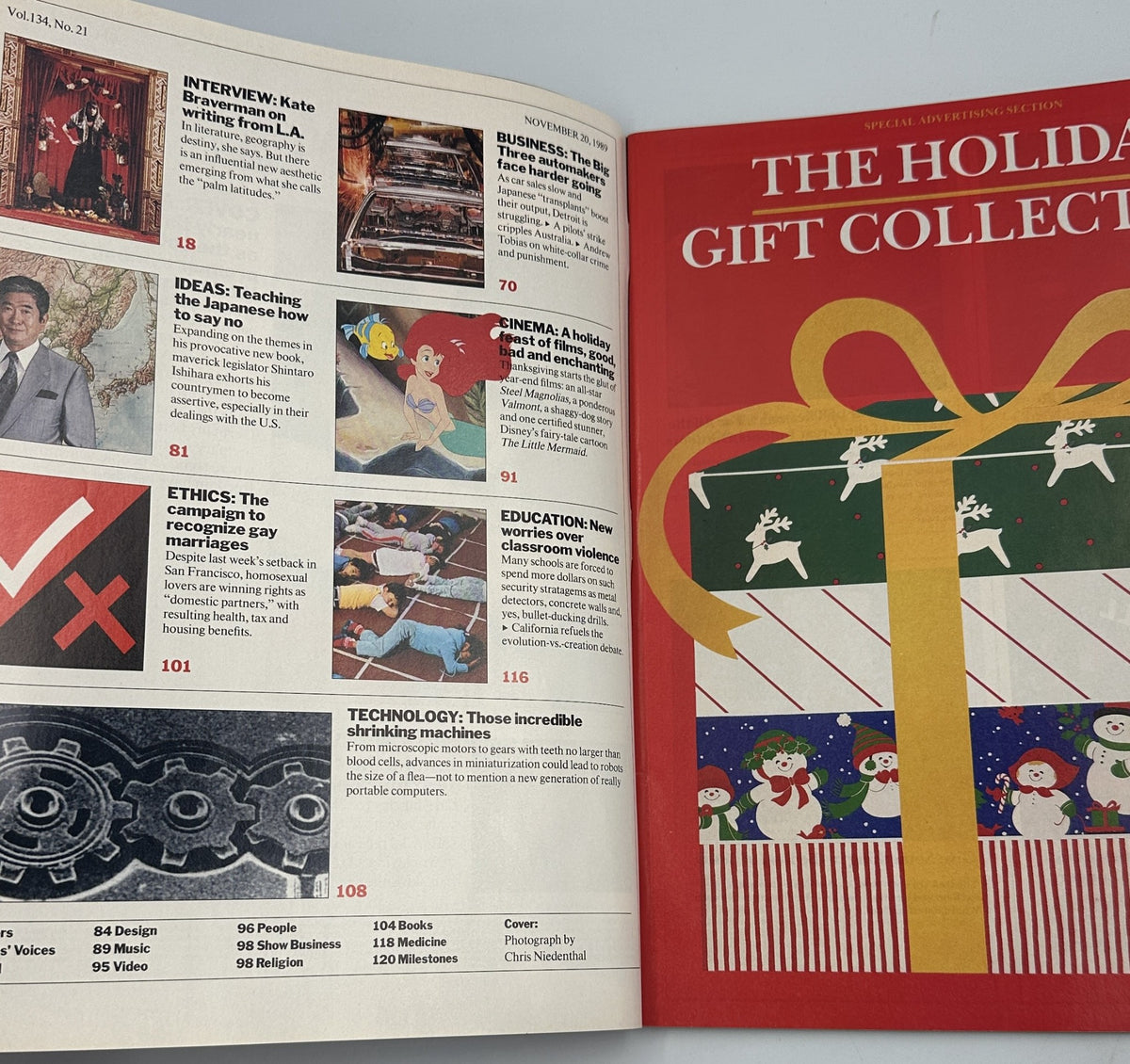 Inside page of Time Magazine from November 20, 1989, displaying a holiday gift collection theme and featuring various articles including interviews and ideas, with the title prominently at the top.