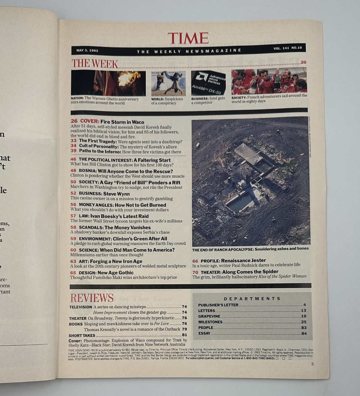 Inside page of Time Magazine May 3, 1993, showcasing the Table of Contents including major articles titled 'Fire Storm in Waco' and various other societal topics, reflecting on significant events of that time.