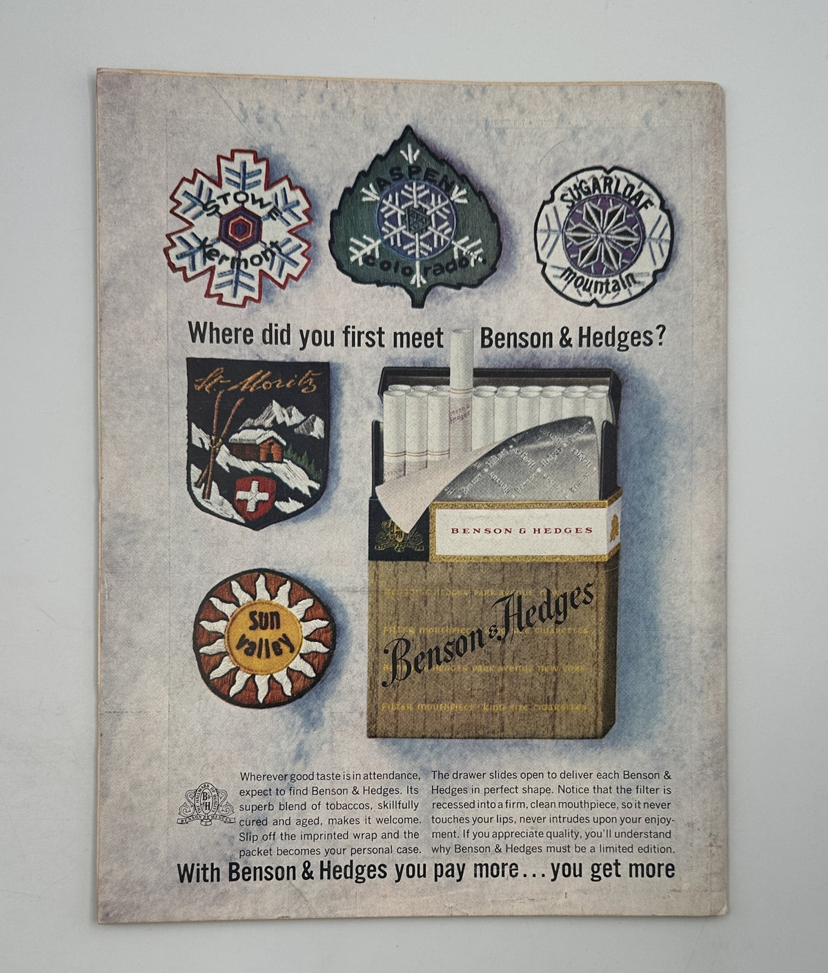 Back cover of Time Magazine March 2, 1962 featuring Benson & Hedges cigarette advertisement with various branded patches.