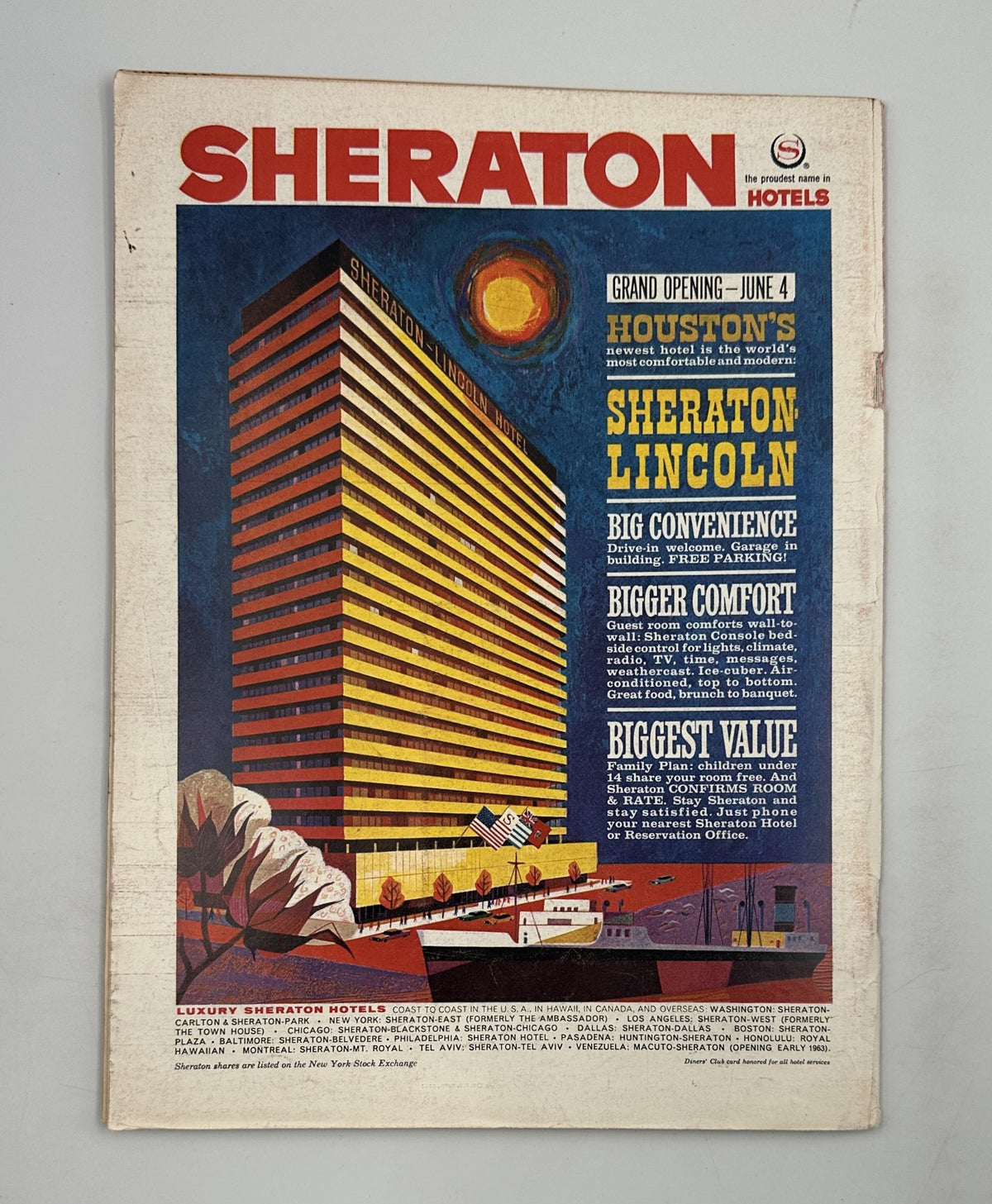 Advertisement page for Sheraton Hotels featured in Time Magazine dated May 25, 1962. Showcases the Sheraton Lincoln hotel with colorful graphics and promotional text.