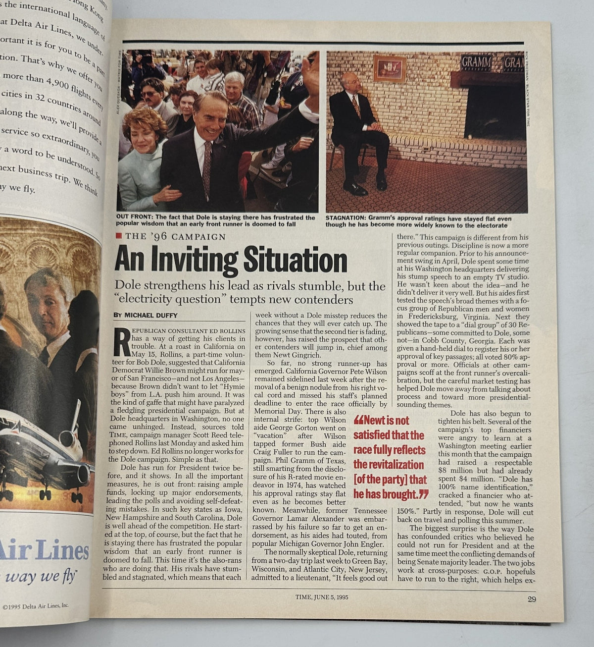 Article page from TIME Magazine, June 5, 1995, discussing the 1996 election campaign with Bob Dole taking a prominent lead amidst rival challenges. Includes a photo of political events.